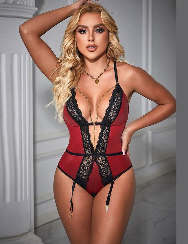R81266 - Burgundy Faux Leather Deep V Neck Halter Sexy Teddy - Various Sizes image