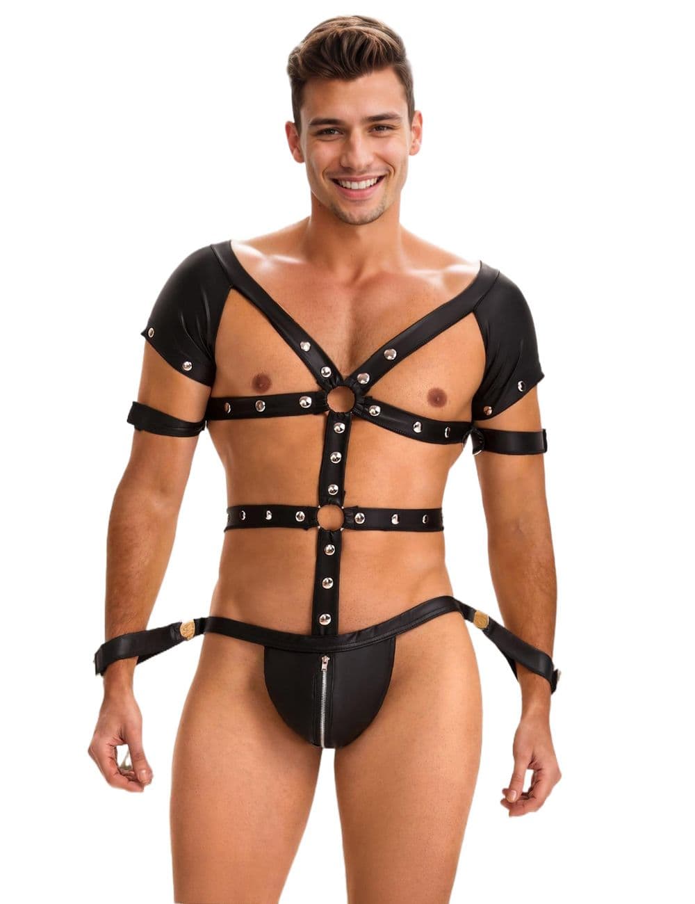 MP270 - Black Faux Leather Harness Zipper Men Bodysuit - Various Sizes