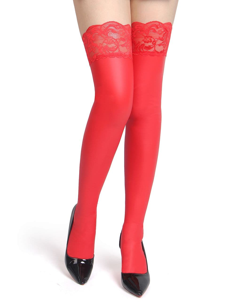 R82094-2 - Red Sexy Matt Leather Striped Elastic Stockings - Various Sizes