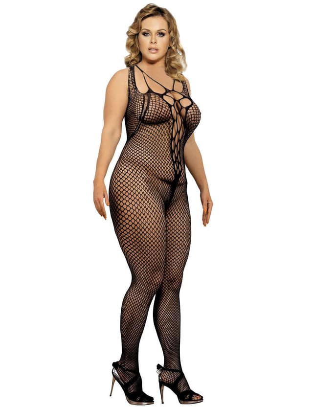 H3126P - Plus Size Halter Sexy Neck Open Back Netted Bodystocking - L/2Xl image