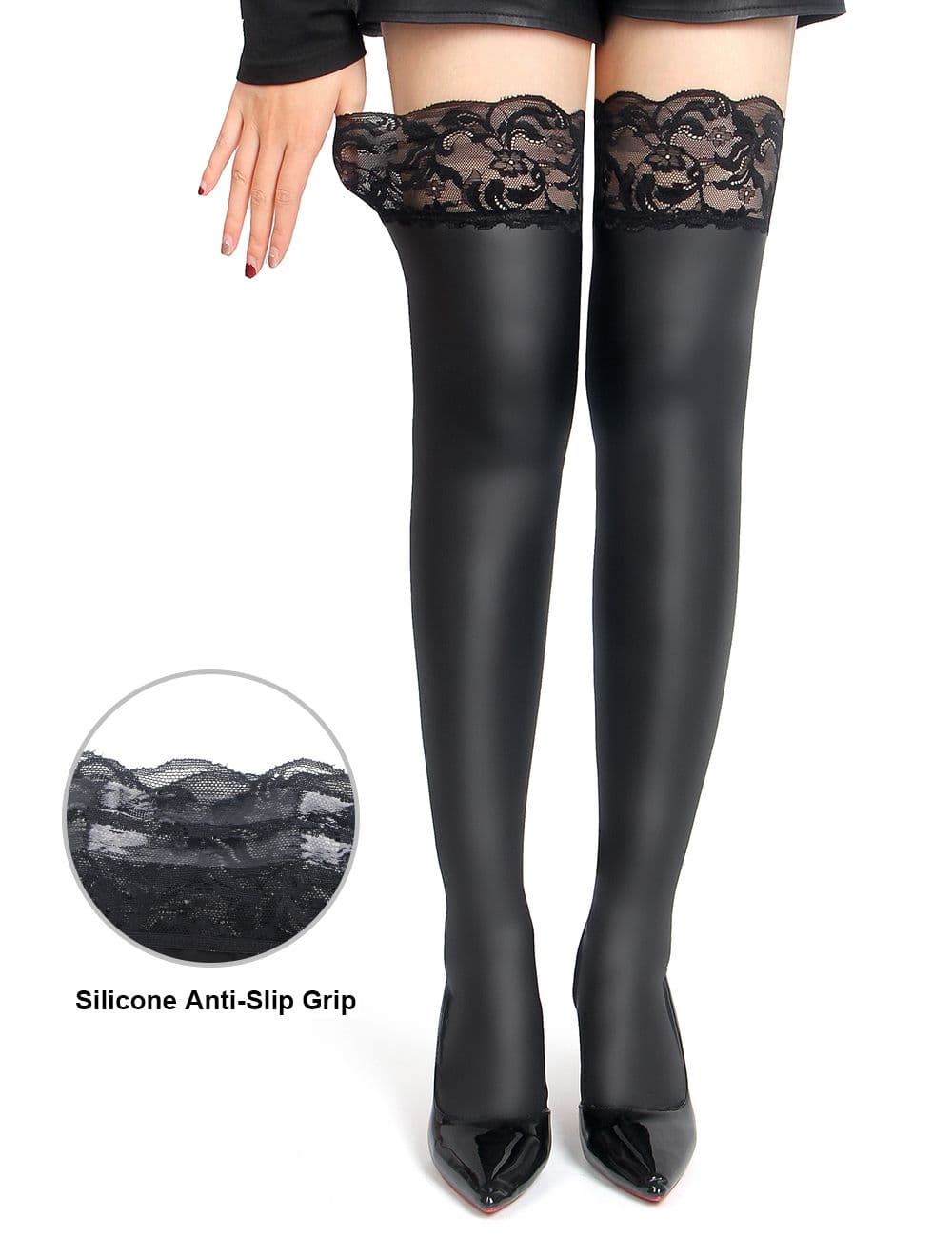 R82094-1 - Black Sexy Matt Leather Lace Stockings - Various Sizes