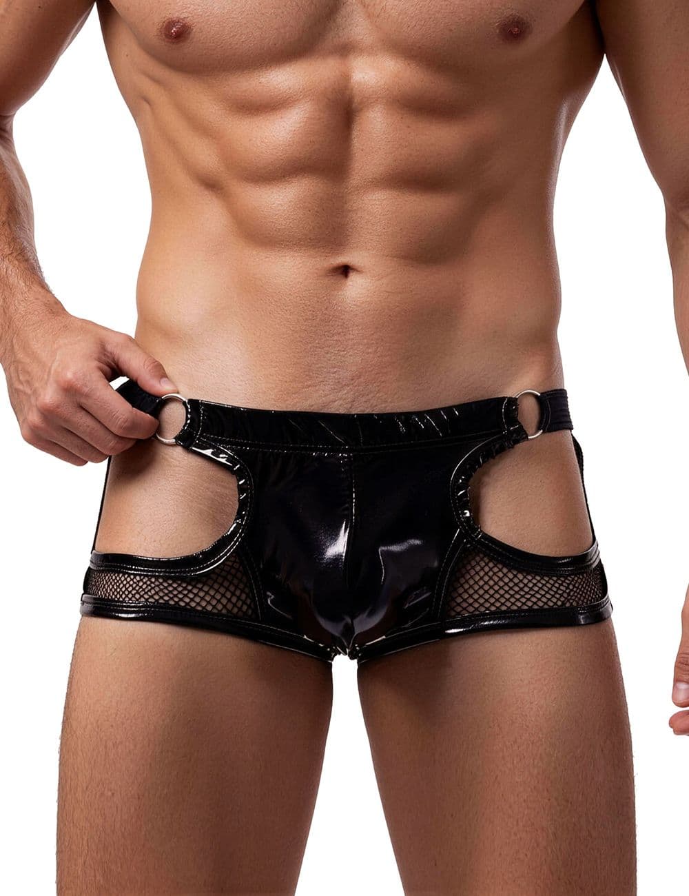 MP305-1 - Black Patent Leather Mesh Sexy Low Waist Men Jockstrap - Various Sizes