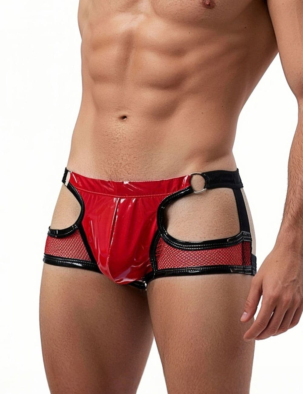 MP305-2 - Red Patent Leather Mesh Sexy Low Waist Men Jockstrap - Various Sizes