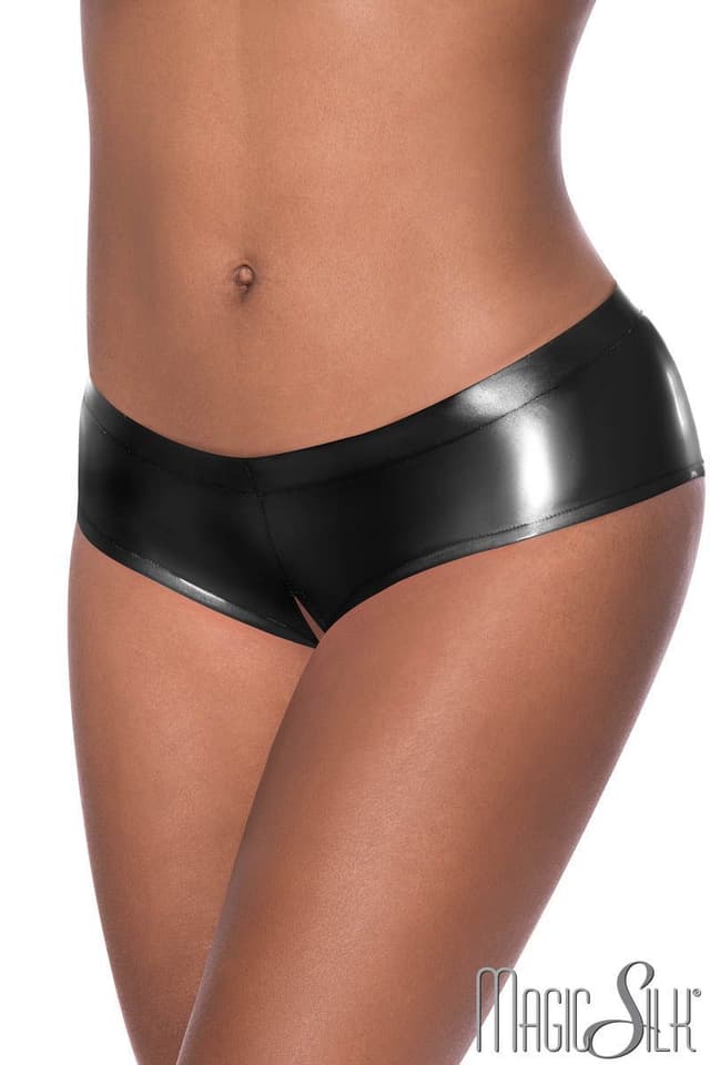EXP409 - Black Wet Look Open Crotch Panty - L/XL image