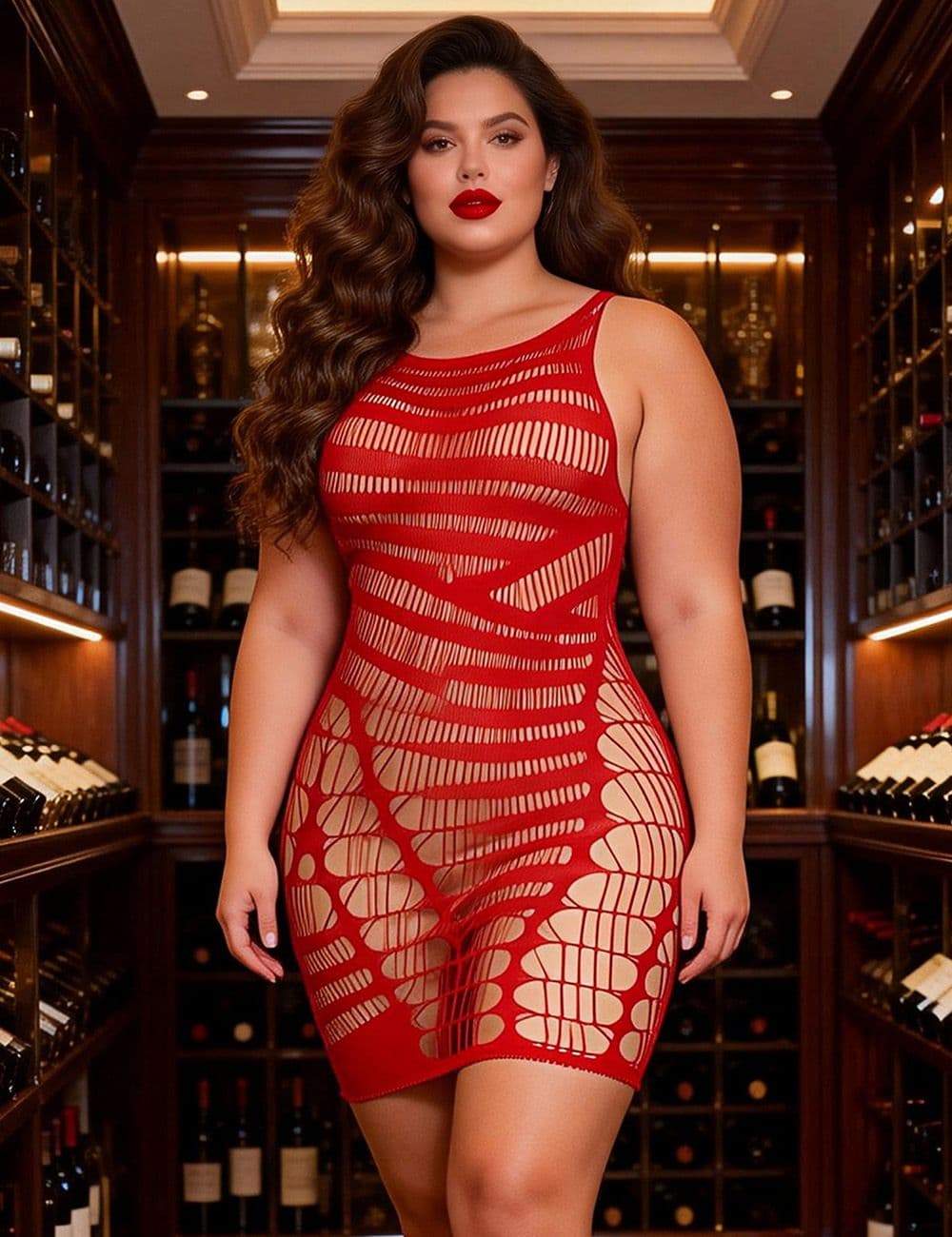 H3505-2P - Body court sexy en résille rouge ajourée - L/2XL