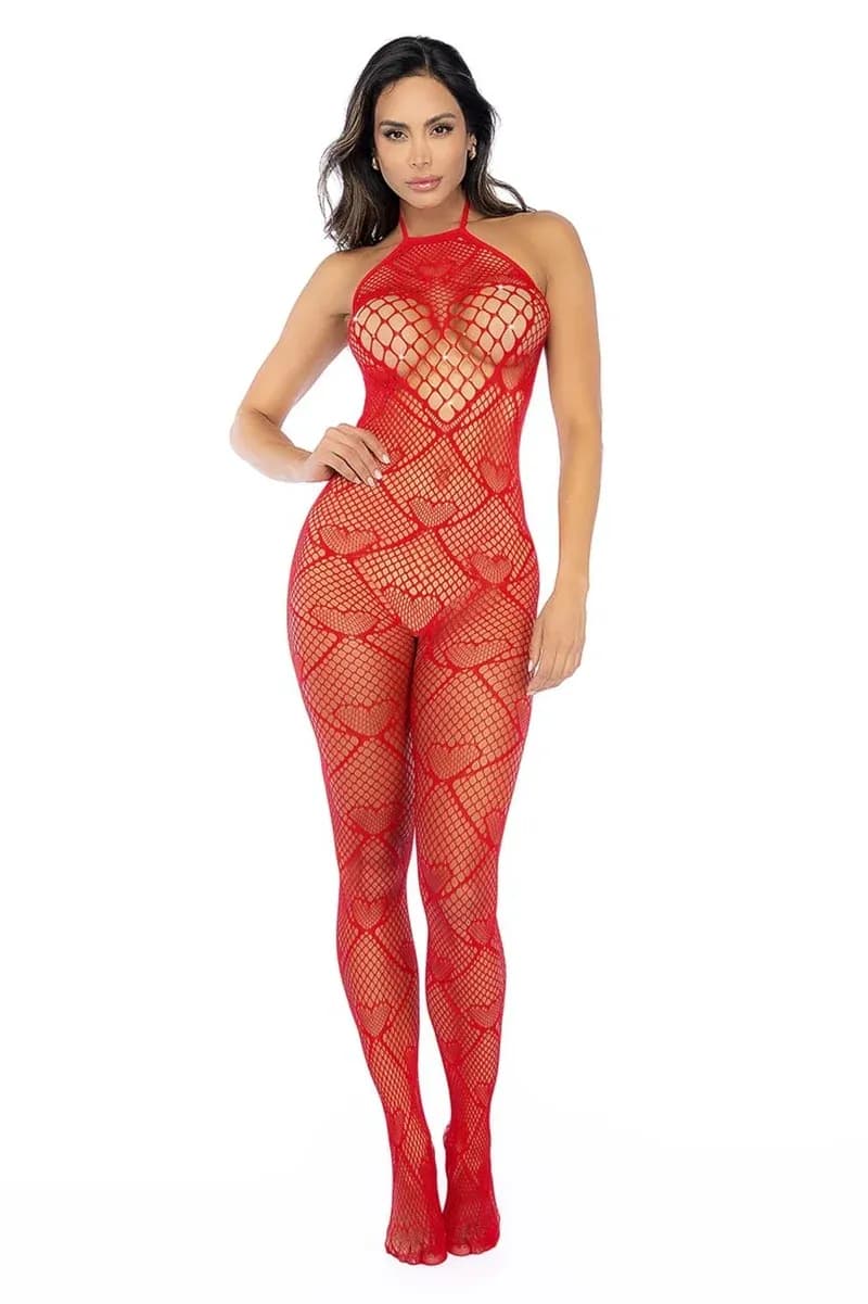 MA1164 - Heart Fishnet Bodystocking with Rhinestone - One Size